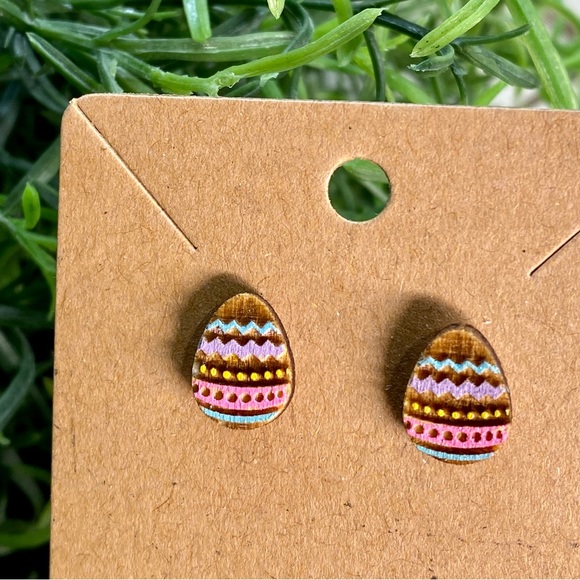 Hand Painted Decorated Easter Egg Wood Stud Earrings - Picture 1 of 1